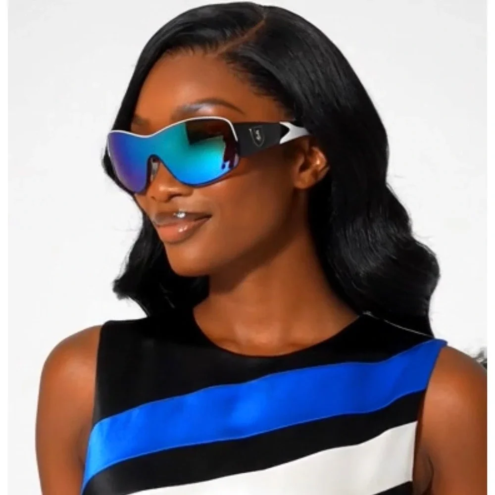Women Shield Sunglasses Blue Mirrored Black White Wraparound Frame Lentes Gafas‎